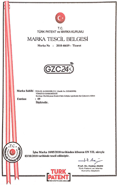 GZC24 Sıcaklık ve Konum Takip Cihazı Marka Tescil Belgesi